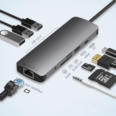 Estação USB 3.0 Usb C Hub Adaptador inteligente / Hub de cartão de memória com velocidade de transferência de dados de 5Gbps