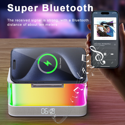 Carregador sem fio habilitado para Qi e alto-falante Bluetooth com luzes coloridas Compatibilidade dispositivos habilitados para Qi