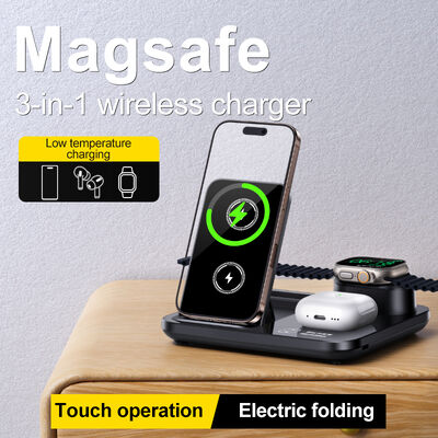 Carregamento rápido de 15W Carregador sem fio 3 em 1 com design dobrável e sucção magnética