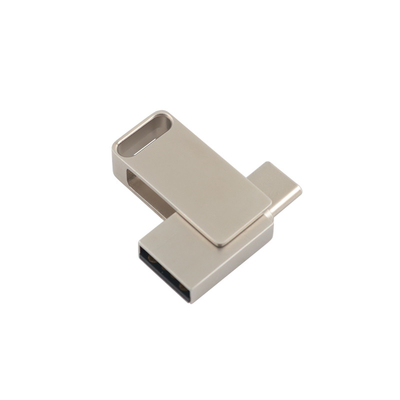Discos flash USB de metal prateado à prova d'água com gravura e logotipo de impressão USB 2.0 e tipo C